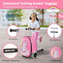 Kids 2-in-1 luggage scooter in pink with unicorn design, featuring a retractable rod and anti-slip grip for travel fun.