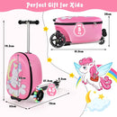 Kids 2-in-1 luggage scooter in pink with colorful lights, perfect for travel and play, suitable for ages 5+.