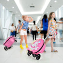 Kids 2-in-1 luggage with wheels and scooter design in pink, perfect for travel and play, featuring LED lights.