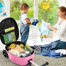 Kids 2-in-1 luggage with wheels and scooter design, featuring colorful lights and ample storage for toys and clothes.