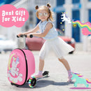 Kids 2-in-1 luggage scooter in pink with unicorn design, perfect for travel and play, featuring colorful LED lights.