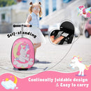 Kids 2-in-1 luggage with wheels and scooter design, featuring a colorful unicorn, perfect for travel and play.