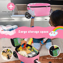 Kids 2-in-1 luggage with wheels in pink, featuring large storage space and scooter design for travel and play.