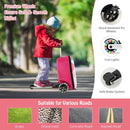 Kids' pink and white 2-in-1 skateboard luggage with lighted wheels, suitable for various road types and safe riding.