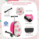 2-in-1 pink and white skateboard luggage with lighted wheels, featuring a cute strawberry pattern for kids' outdoor.