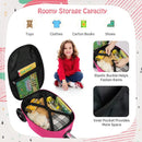 Kids' pink and white 2-in-1 skateboard luggage with lighted wheels, featuring ample storage for toys and books.