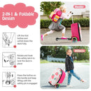 2-in-1 pink and white skateboard luggage with lighted wheels, designed for kids' outdoor adventures and travel.
