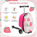 Kids' 2-in-1 skateboard luggage in pink and white with lighted wheels, perfect for outdoor adventures and travel.