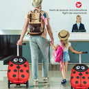Kid's 2-in-1 skateboard luggage in red with lighted wheels, perfect for travel and outdoor adventures.