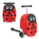 Red 2-in-1 skateboard luggage with lighted wheels, featuring a cute ladybug design for kids' outdoor adventures.