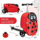 Red 2-in-1 skateboard luggage with lighted wheels, designed for kids, featuring a cartoon pattern and ample storage.