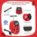 Red 2-in-1 skateboard luggage with lighted wheels, featuring a cute ladybug design, ideal for kids' outdoor adventures.