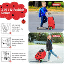 Kids' 2-in-1 skateboard luggage in red with lighted wheels, perfect for outdoor adventures and travel.