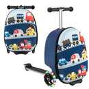 Colorful 2-in-1 skateboard luggage with lighted wheels, featuring a cartoon vehicle design, perfect for kids' outdoor.