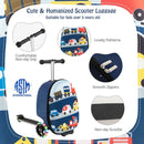 2-in-1 skateboard luggage for kids with colorful shark patterns and lighted wheels, perfect for outdoor adventures.