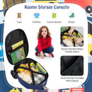 Colorful 2-in-1 skateboard luggage with lighted wheels, featuring ample storage for toys, clothes, and books for kids.