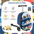 Colorful 2-in-1 skateboard luggage for kids with lighted wheels, featuring a cute cartoon design and ample storage.