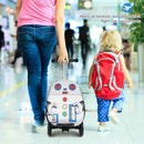 Kid's 2-in-1 skateboard luggage with lighted wheels, featuring a cute shark design, perfect for travel and outdoor.