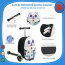 2-in-1 skateboard luggage in white with lighted wheels, featuring a cute shark pattern, ideal for kids' outdoor.