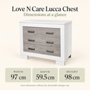 Love N Care Lucca chest dimensions: width 97 cm, depth 59.5 cm, height 98 cm without changer top