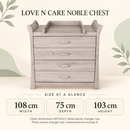 Love N Care Noble chest dimensions without detachable changer top: width 108 cm, depth 75 cm, height 103 cm. Photo shows changer top; measurements exclude it.