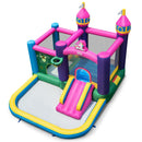 Inflatable bounce house shown in a backyard setting
