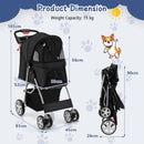 4-wheel folding pet stroller in black with mesh windows, storage basket, and compact fold for easy travel with pets.