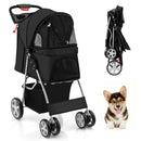 4-wheel folding pet stroller in black with mesh windows and storage basket, perfect for comfortable outdoor travel with.