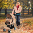 4-wheel folding pet stroller in beige with mesh windows, perfect for outdoor walks with your dog or cat.
