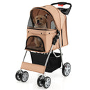 Beige 4-wheel folding pet stroller with mesh windows, ideal for small pets, featuring a storage basket for convenience.