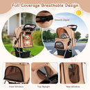 4-wheel folding pet stroller in beige with mesh windows for ventilation, featuring a top skylight and rear window.