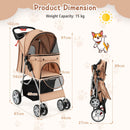 Beige 4-wheel folding pet stroller with mesh windows, storage basket, and compact design for easy travel with pets.