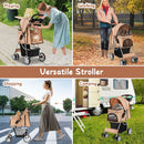 4-wheel folding pet stroller in beige with mesh windows, ideal for outdoor walks and comfortable travel with pets.