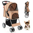 Beige 4-wheel folding pet stroller with mesh windows and storage basket, ideal for comfortable outdoor travel with pets.