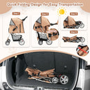 4-wheel folding pet stroller in beige showing quick folding steps for easy transportation and storage in a car.