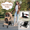 4-wheel folding pet stroller in beige with mesh windows and large storage basket, perfect for outdoor adventures with.