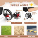 Close-up of the 4-wheel folding pet stroller with beige fabric, featuring flexible wheels and a storage basket for easy.