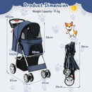Navy 4-wheel folding pet stroller with mesh windows, storage basket, and compact design for easy travel with pets.