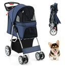 Navy 4-wheel folding pet stroller with mesh windows and storage basket, perfect for comfortable outdoor adventures with.