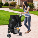 Foldable black pet stroller with adjustable canopy, safety leash, and removable washable pad for comfortable outings.