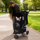 Black pet stroller with adjustable canopy, removable washable pad, and safety leash, perfect for pets up to 15 kg.