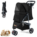 Foldable black pet stroller with adjustable canopy, safety leash, and washable pad for pets up to 15 kg.