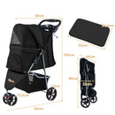 Foldable black pet stroller with adjustable canopy, safety leash, and removable washable pad for pets up to 15 kg.
