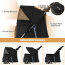 Adjustable canopy pet stroller in black with front door, rear entrance, and breathable mesh windows for comfort and.