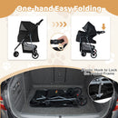 Foldable pet stroller in black with adjustable canopy, one-hand folding, and removable washable pad for easy storage.