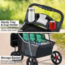 Handy tray and cup holder on the black pet stroller, providing easy access to drinks and small items for pet outings.