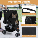 Black pet stroller with adjustable canopy, breathable mesh, and removable washable pad for pets up to 15 kg.