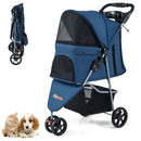 Navy one-click folding pet stroller with adjustable canopy, removable washable pad, and safety leash for pets up to 15.