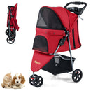 Red pet stroller with four breathable mesh windows and a spacious storage basket for pet essentials and comfort.
