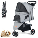 Foldable grey pet stroller with adjustable canopy, safety leash, and washable pad for comfortable pet outings.